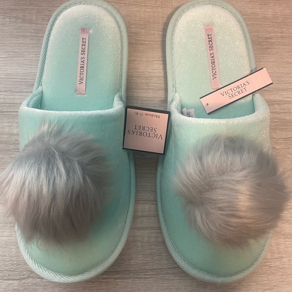 Victoria's Secret Aqua Slippers with Gray Pom Poms